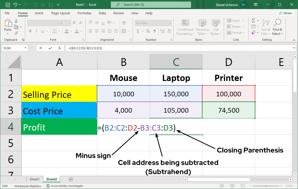 subtraction-in-excel