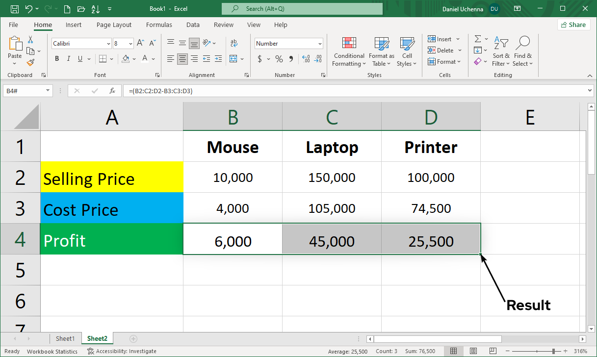 subtraction-in-excel