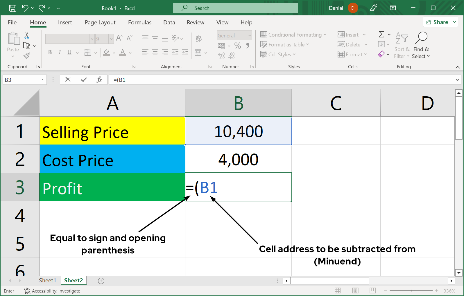 subtraction-in-excel