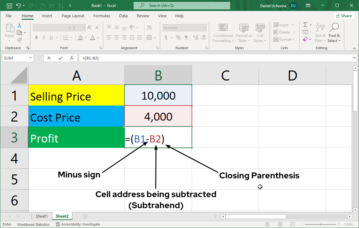 subtraction-in-excel