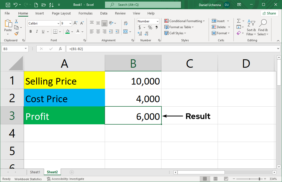 subtraction-in-excel